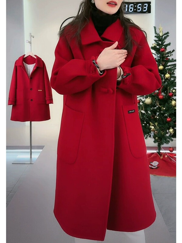 Red down Wool Coat for Women, 2026 New Winter Style, Thickened with down Cotton Lining and Plush Wool Coat, Trendy