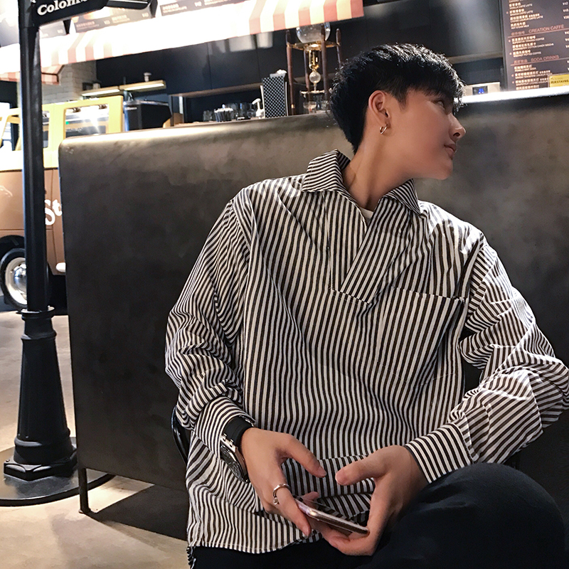 1CHEN /男士秋季韩版全棉宽松V领衬衣OVERSIZE条纹套头长袖衬衫男