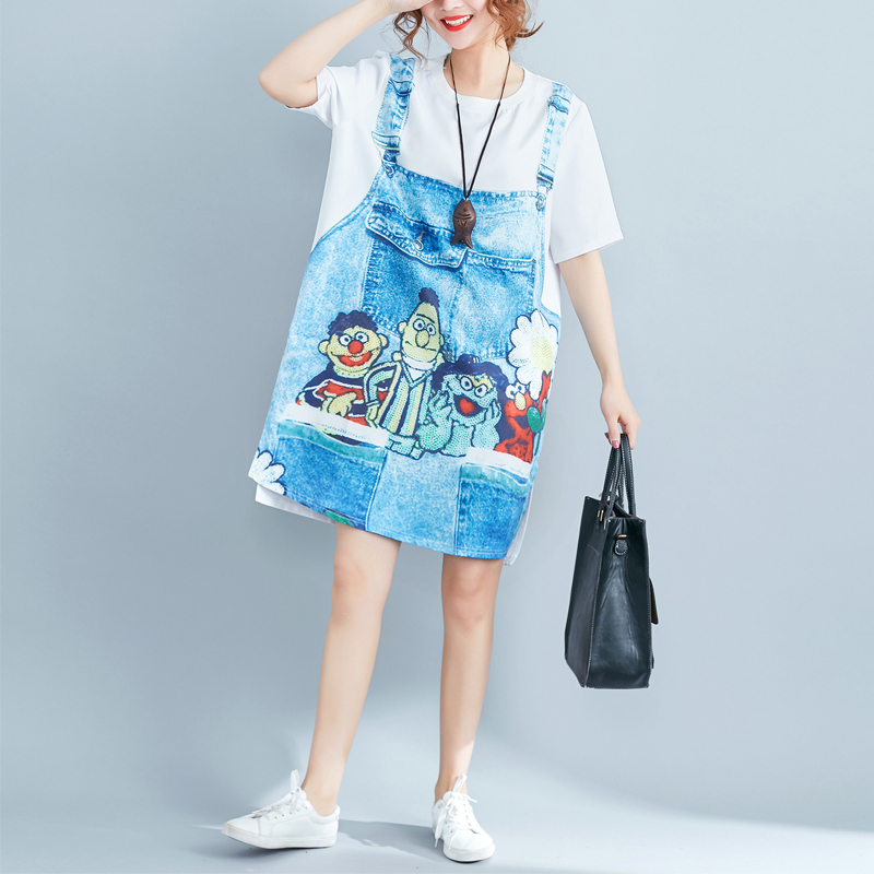 欧洲站2018年夏3D卡通牛仔印花拼接T恤衫中长款短袖大码连衣裙