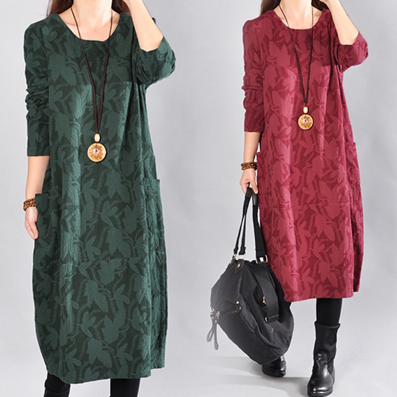 秋装新款民族风大码女装棉麻长袖连衣裙胖mm宽松中长款打底裙