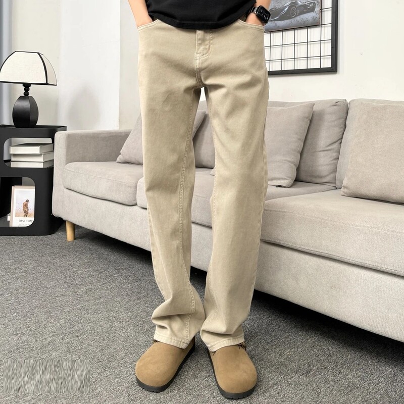 Men's Khaki Straight-Leg Jeans, Spring and Summer Mid-Waist Stretch Fit, Slightly Loose Old Money Style Casual Pants