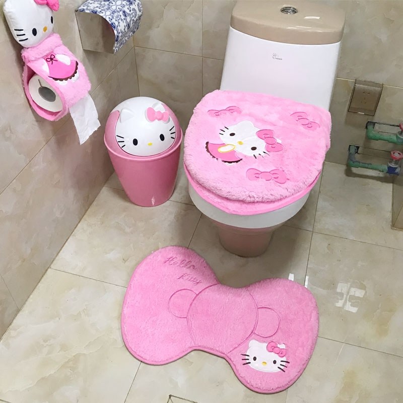 Cute toilet cover cushion household adhesive toilet seat thickened and velvet toilet cover universal three-piece set cartoon pad winter
