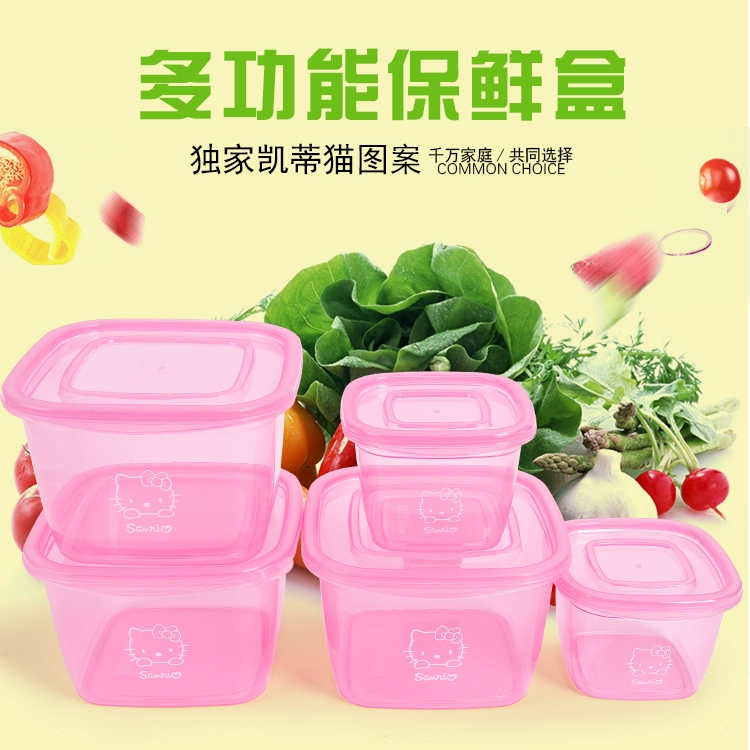 Dễ thương Hello Kitty Cartoon Fruit Đóng kín Thực phẩm tươi Bát Ăn trưa Hộp cơm nhựa Hộp thực phẩm tươi Năm mảnh Set - Hộp cơm điện sưởi ấm