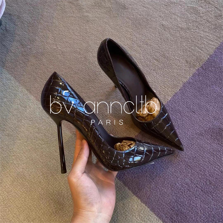 Bv Anncltb Mature Style Crocodile Pattern Pointed Toe High Heels Women's Stiletto European and American Sexy Patent Leather Shallow Mouth Single Shoes