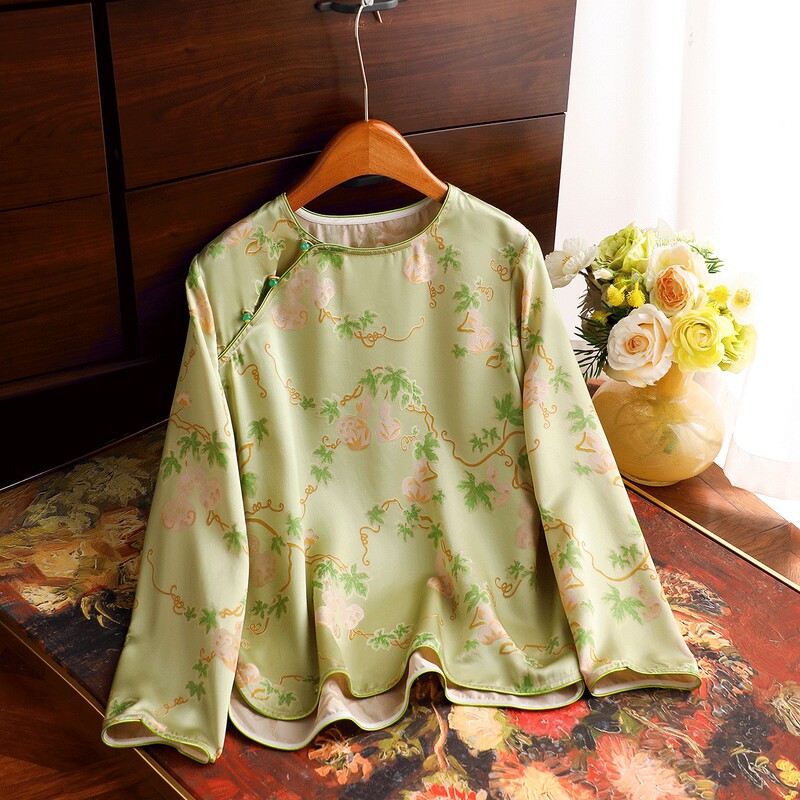 Fulu 100% Mulberry Silk New Chinese Style Daily Improved Asymmetrical Collar High-End Shirt Silk Top for Autumn