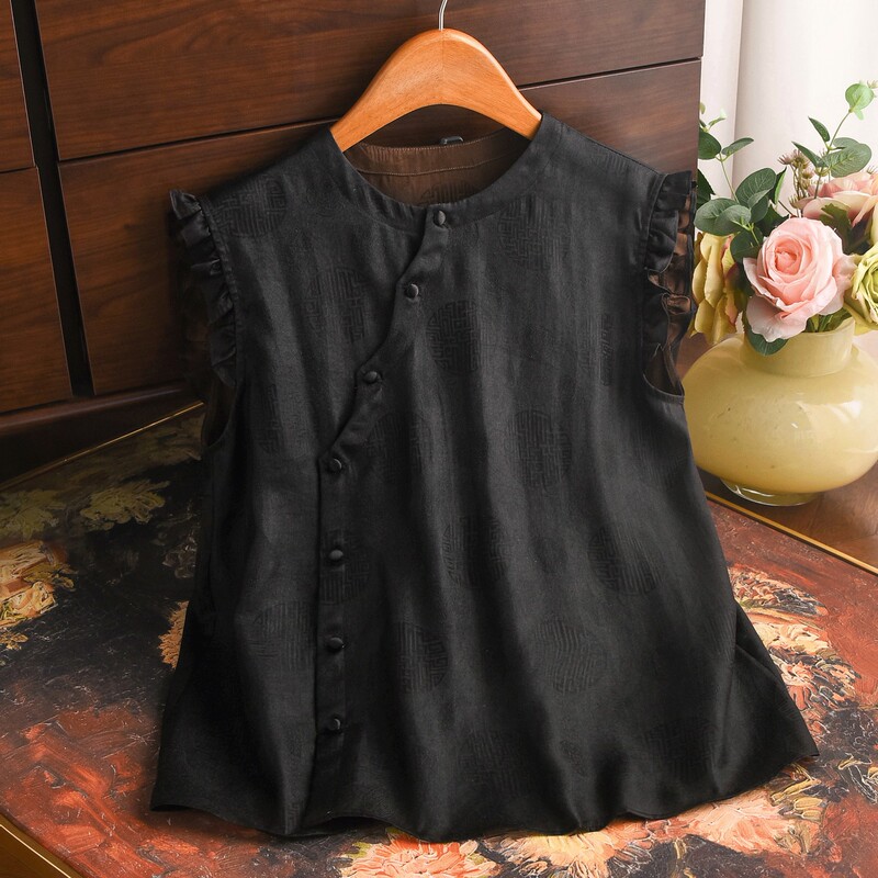 100% Mulberry Silk 6A Grade Real Silk Xiangyun Silk Potato Root Aged Material New Chinese Style National Style Top for Summer 100% Mulberry Silk 6A Grade Real Silk Xiangyun Silk Potato Root Aged Material New Chinese Style National Style Top for Summer