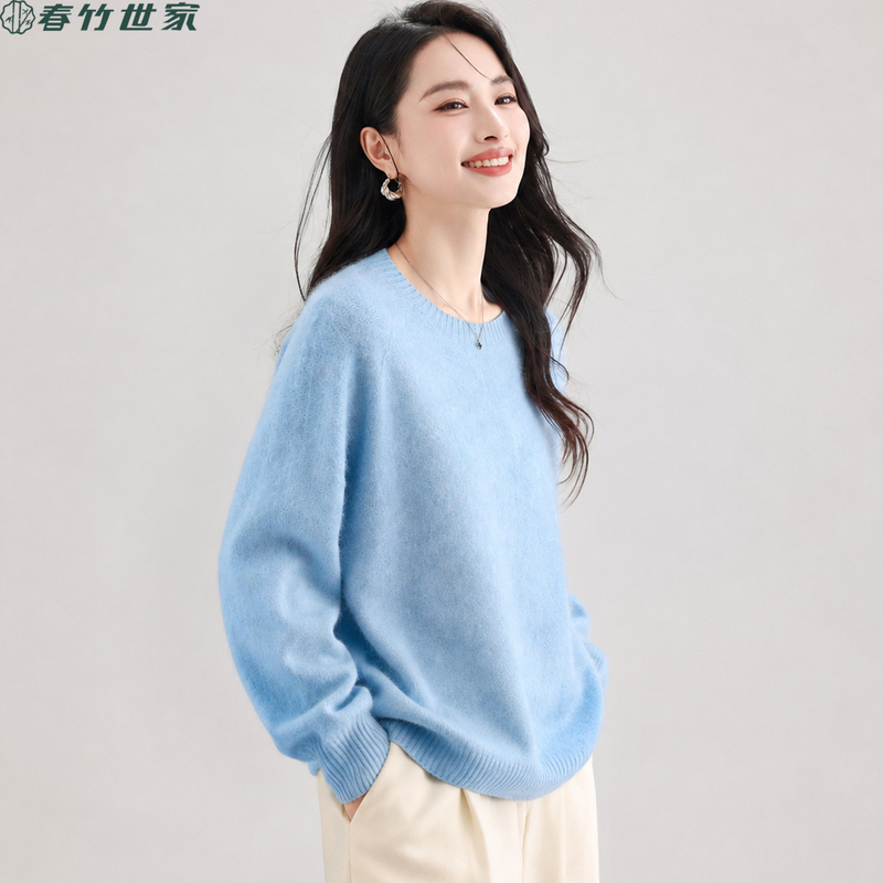 Chunzhu Shijia Lazy Style Round Neck Brushed Sweater for Women, Loose Pullover Knitted Cashmere Sweater, Long-Sleeved Base Wool Sweater