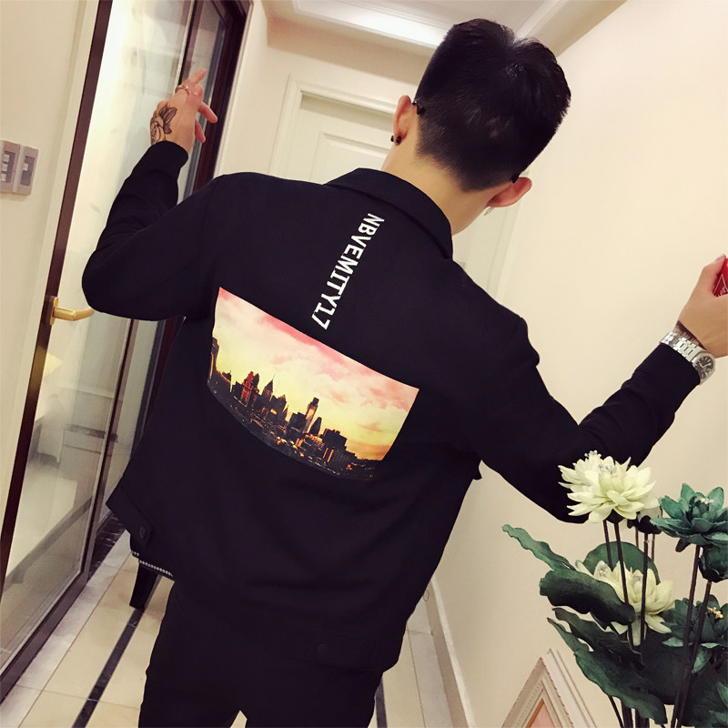 Spirit Little Boy Cowboy Jacket Men's Spring Autumn Season 100 hitch Han version Trend Trend Yuppie Handsome Men's Clothing Embroidered Fried Street Clothes