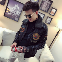 Social spirit guy winter cotton coat male lamb hair collar padded ruffian handsome jacket Bomber jacket PU lint suit