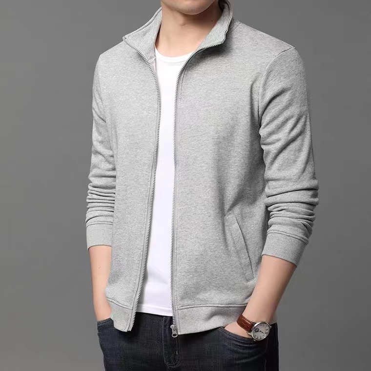 Sports Outwear Men's Pure Cotton Slim Stand-Up Collar Cardigan Sweatshirt Spring & Fall Fashion Outwear Knitted Hooded Jacket Top