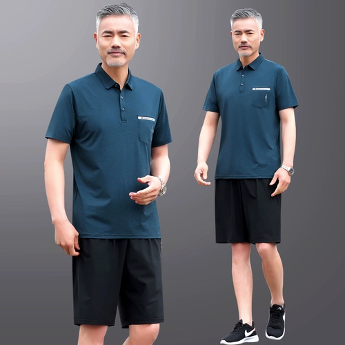 Летняя одежда, комплект, футболка с коротким рукавом, мужской летний спортивный костюм для пожилых людей, для среднего возраста