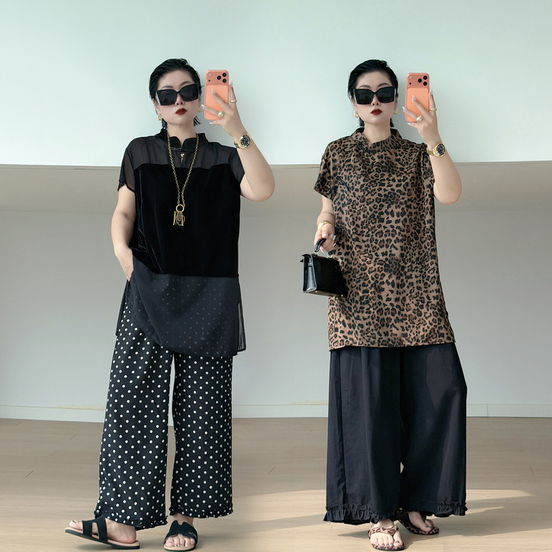 New Chinese-Style Velvet Top Plus-Size Women's Clothing Leopard Print Cheongsam Top 100kg Plus-Size Ruffled Wide-Leg Pants Set New Chinese-Style Velvet Top Plus-Size Women's Clothing Leopard Print Cheongsam Top 100kg Plus-Size Ruffled Wide-Leg Pants Set