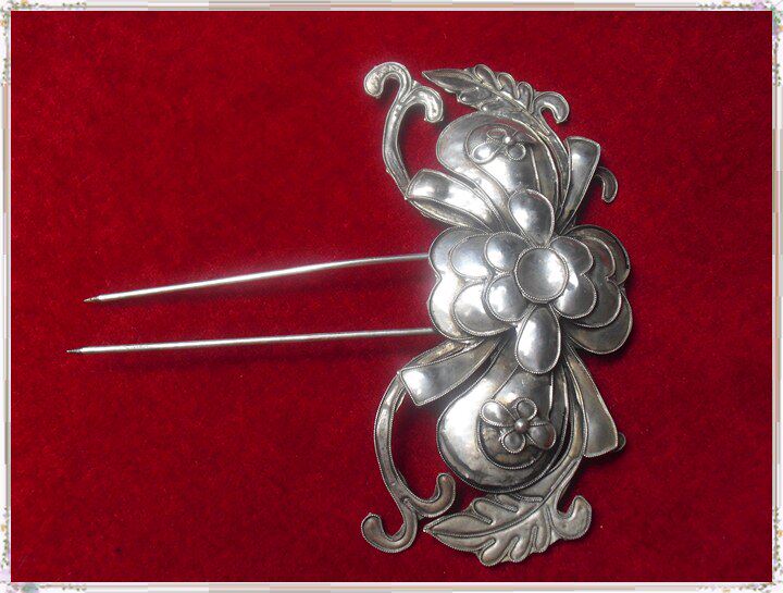 Hanfu traditional accessories headwear imitation old silver hairpin film and TV ornament can inlaid bead forehead floral butterfly knot hairpin