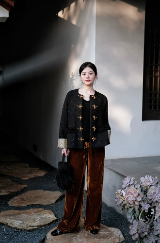 介面 Импортная шелковая куртка, Италия, китайский стиль, в стиле Шанель