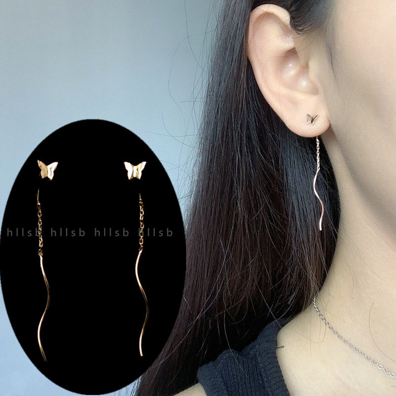 Butterfly ear refining 925 sterling silver 14k gold shiny smooth three-dimensional butterfly wave ear refining tassel U-shaped Japanese and Korean earring