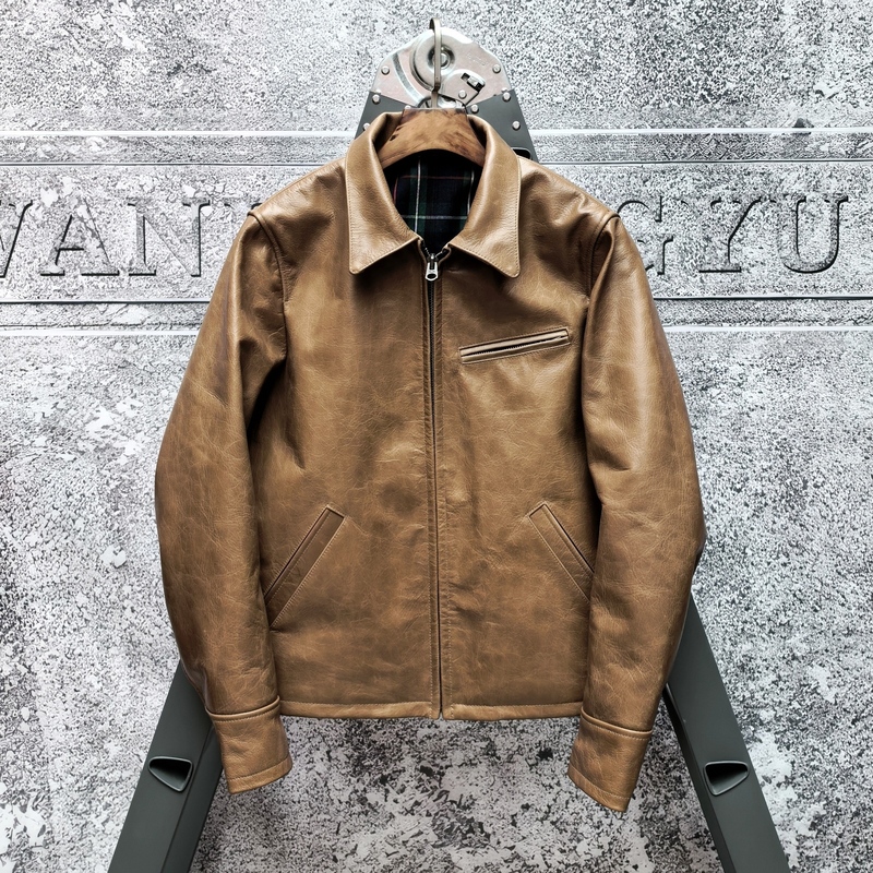 American Retro 1930S Oil Wax Top Layer Pure Cowhide Lapel Casual Short Biker Leather Jacket Genuine Leather Clothing for Men
