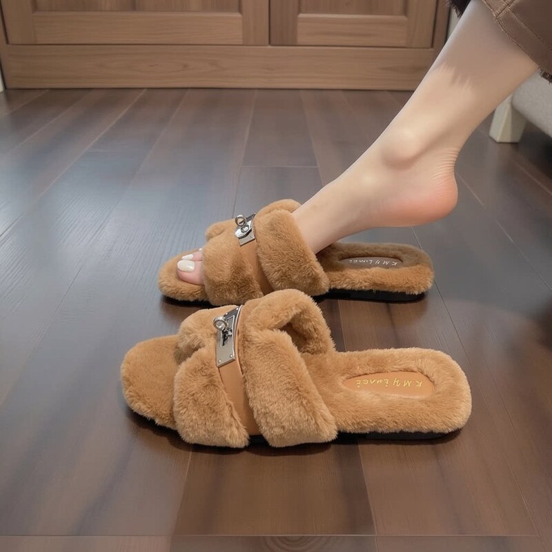 British Rabbit Fur Flat Slippers for Women, Outdoor Wear, 2026 New Model, Spring and Autumn Plush Metal Soft Sole Slippers That Are Comfortable British Rabbit Fur Flat Slippers for Women, Outdoor Wear, 2026 New Model, Spring and Autumn Plush Metal Soft Sole Slippers That Are Comfortable