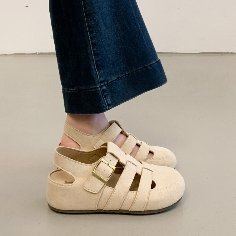 British Genuine Leather Thick-Soled Birkenstock-Style Closed-Toe Sandals for Women, Summer 2026 New Model, Height-Increasing, Hollow, Breathable, Soft-Soled Clogs
