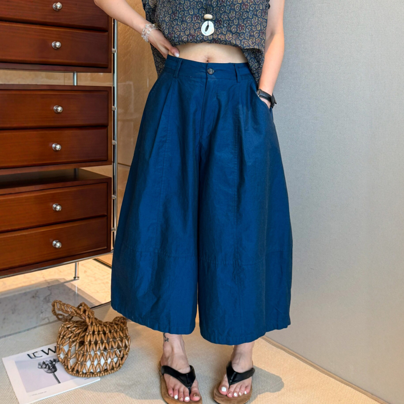 Pima Cotton Three-Quarter Balloon Wide-Leg Pants for Women, European Style, 2026 Summer New Fashion Casual Pants