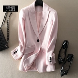 Элитная шерстяная весенняя куртка, розовый шерстяной пиджак классического кроя, тренд сезона, облегающий крой