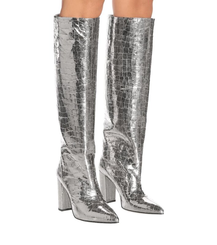 High-Heeled Pointed-Toe Knee-High Boots, Chunky-Heeled High Boots, Gold and Silver Patent Leather Crocodile Pattern Slip-On Straight Boots for Women