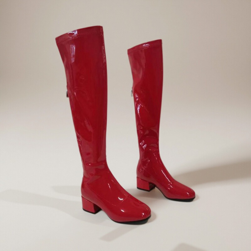 European and American Style Bright Patent Leather Chunky Heel Slimming Stretch Boots Small Size Model Runway Competition Performance Over-The-Knee Boots