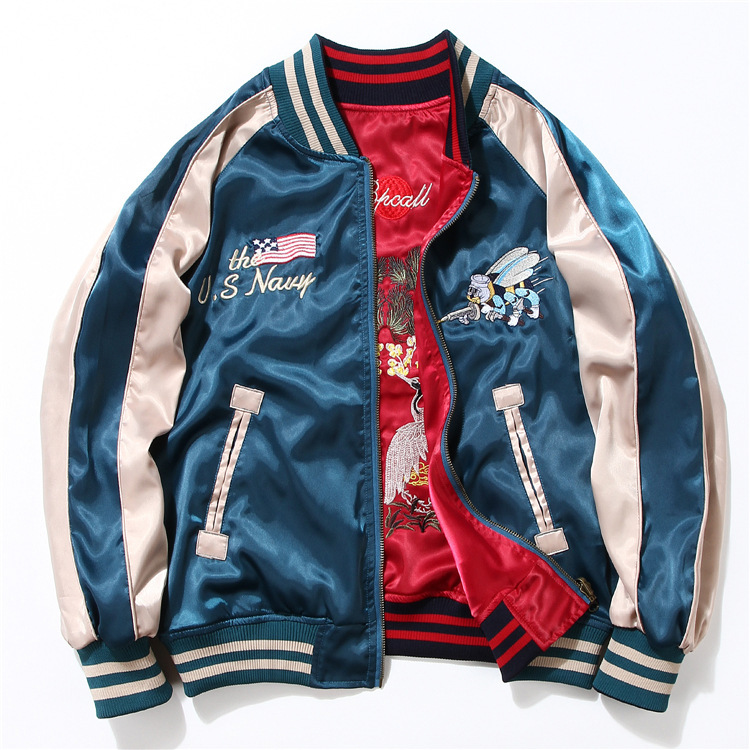 Spring and Autumn Trendy Harajuku Yokosuka Embroidered Jacket for Men, Thickened Couple's Bomber Baseball Jacket, Reversible Coat for Women