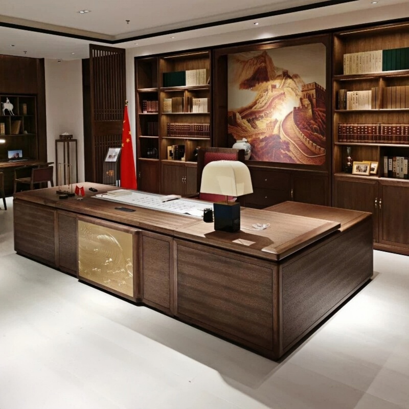 New Chinese-Style Executive Desk, Solid Wood Office Desk, Modern Minimalist Executive Desk, High-End North American Black Walnut Wood Office Furniture