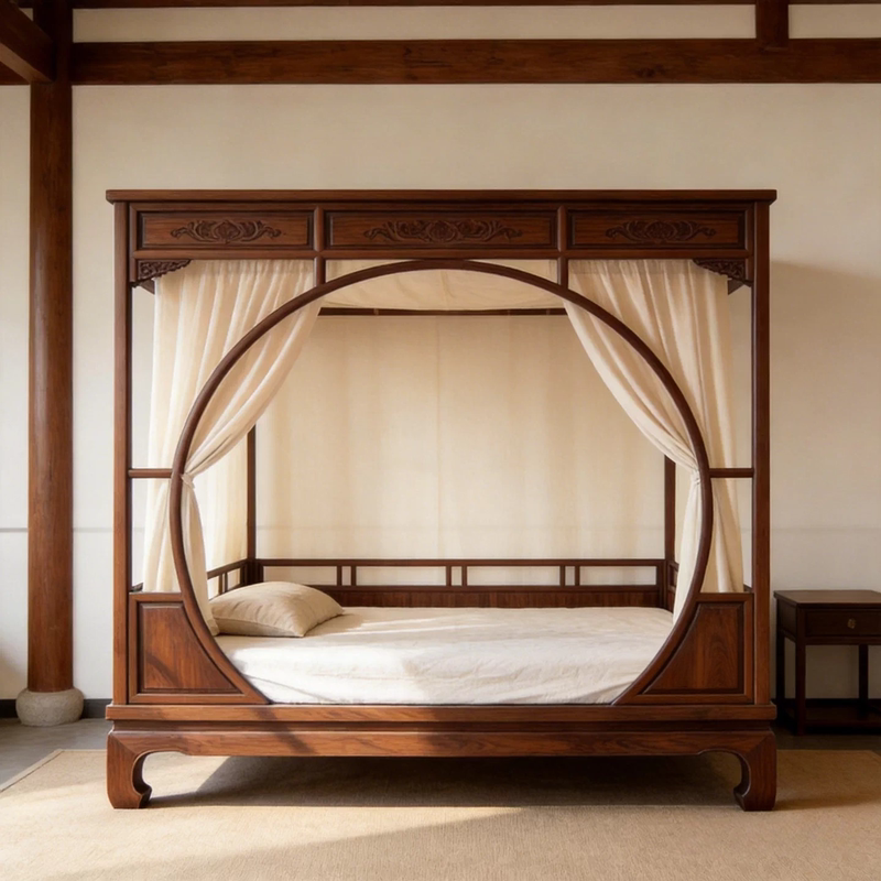 New Chinese-Style Solid Wood Bed Frame, Zen Classical Four-Poster Bed, Song-Style Aesthetic Bedroom Double Bed with Moon Hole New Chinese-Style Solid Wood Bed Frame, Zen Classical Four-Poster Bed, Song-Style Aesthetic Bedroom Double Bed with Moon Hole