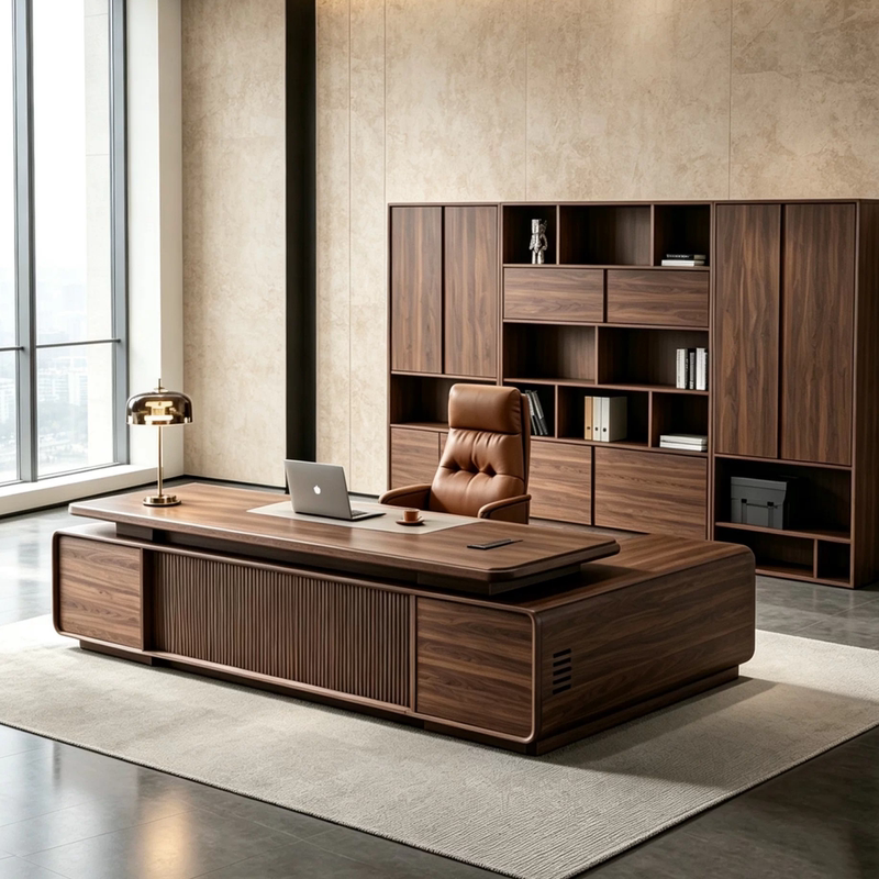 New Chinese-Style Solid Wood Executive Desk, Modern and Simple, High-End Executive Boss Manager Office Computer Desk, Black Walnut Wood