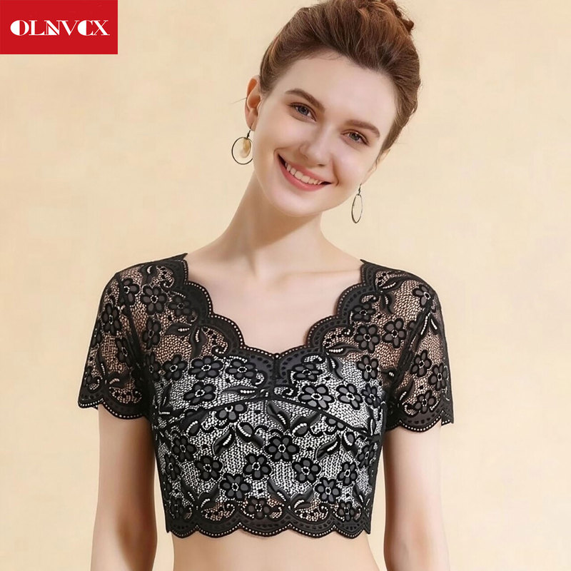 Black Half-Length Lace Base Shirt for Women, Summer Thin Short Style, Suitable for Wearing with a Slip Dress, Short-Sleeved T-Shirt, V-Neck Lace Top Black Half-Length Lace Base Shirt for Women, Summer Thin Short Style, Suitable for Wearing with a Slip Dress, Short-Sleeved T-Shirt, V-Neck Lace Top