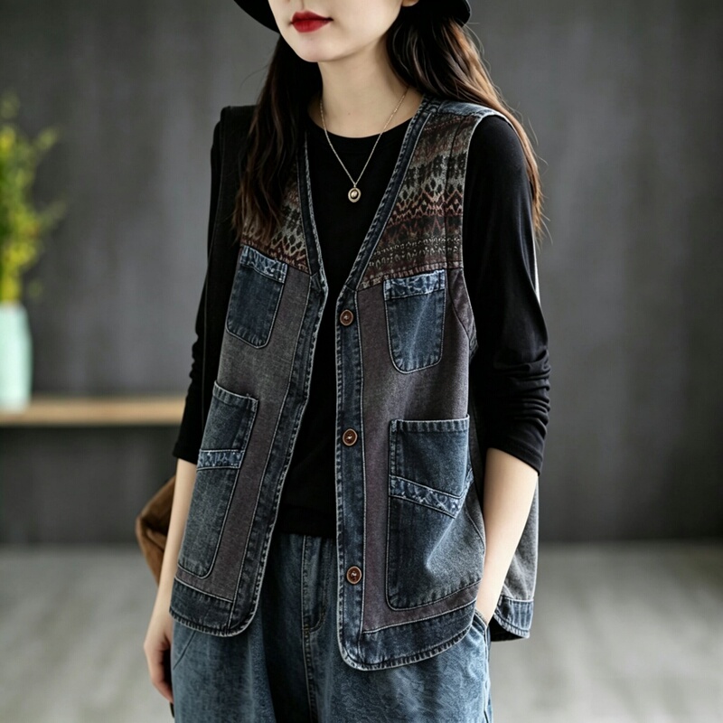 Branded Women's Denim Vest Short Jacket for Spring and Autumn, Vintage Patchwork Vest, Loose and Versatile Cardigan Top