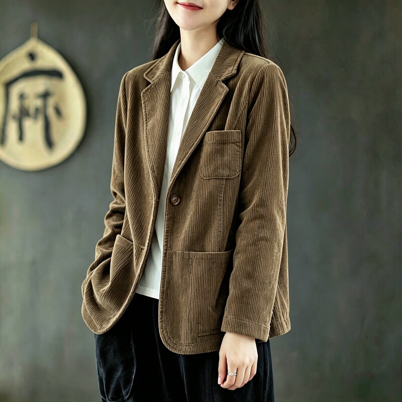 Retro Old Money Style Casual Corduroy Blazer for Women, Spring and Autumn, Plus Size, Elegant Long-Sleeve Small Suit Cardigan Top Retro Old Money Style Casual Corduroy Blazer for Women, Spring and Autumn, Plus Size, Elegant Long-Sleeve Small Suit Cardigan Top
