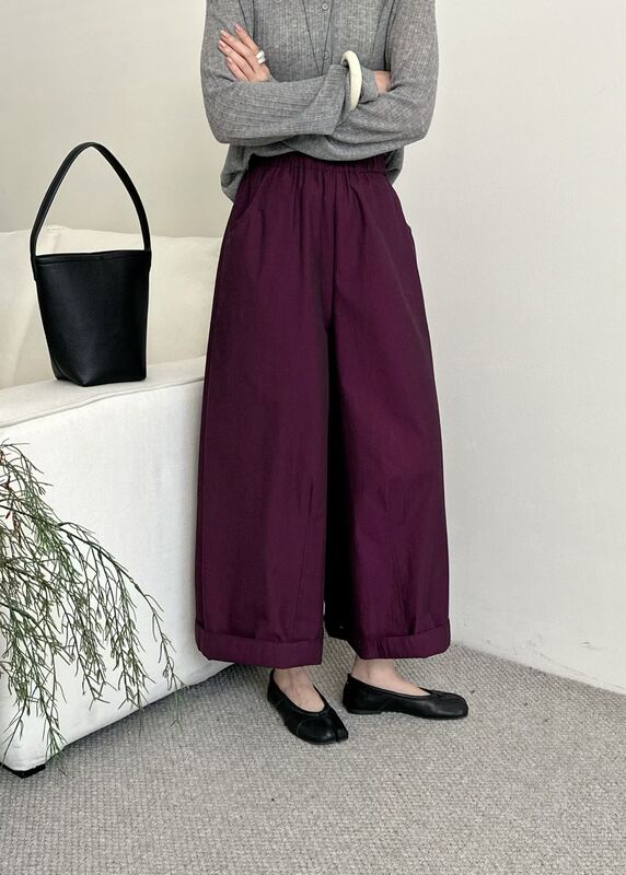 2026 Casual High-Waisted Pima Cotton Wide-Leg Pants for Women, New Summer Style, Petite Size, Purple Elastic Waist, Cropped Pants, Thin