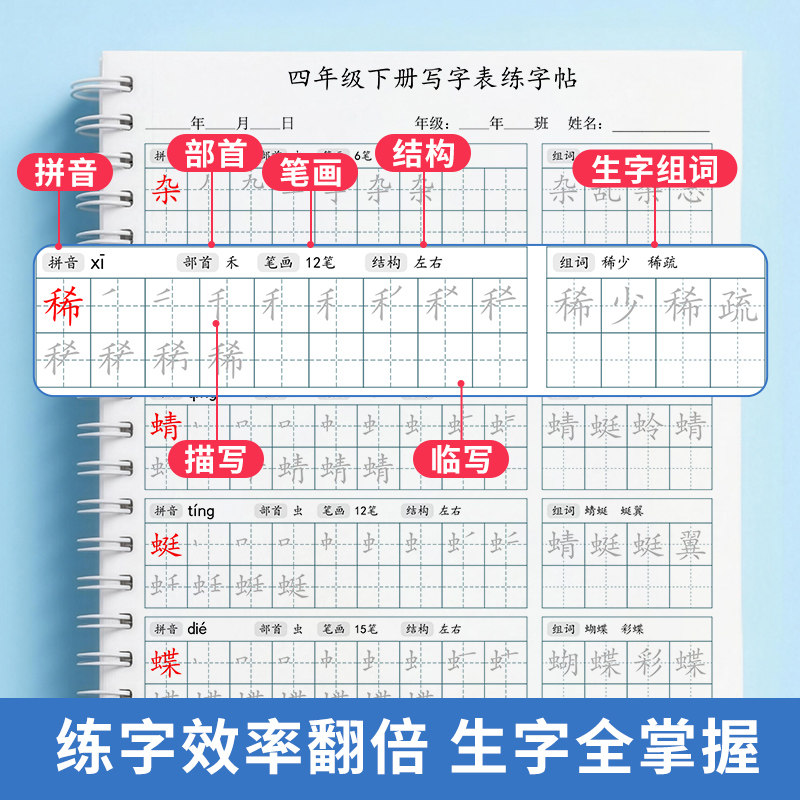 Fourth Grade Second Semester Handwriting Practice Book, People's Education Press Edition, Specially Designed for Primary School Students, Synchronized with the Chinese Textbook, Pinyin and Character Tracing Book