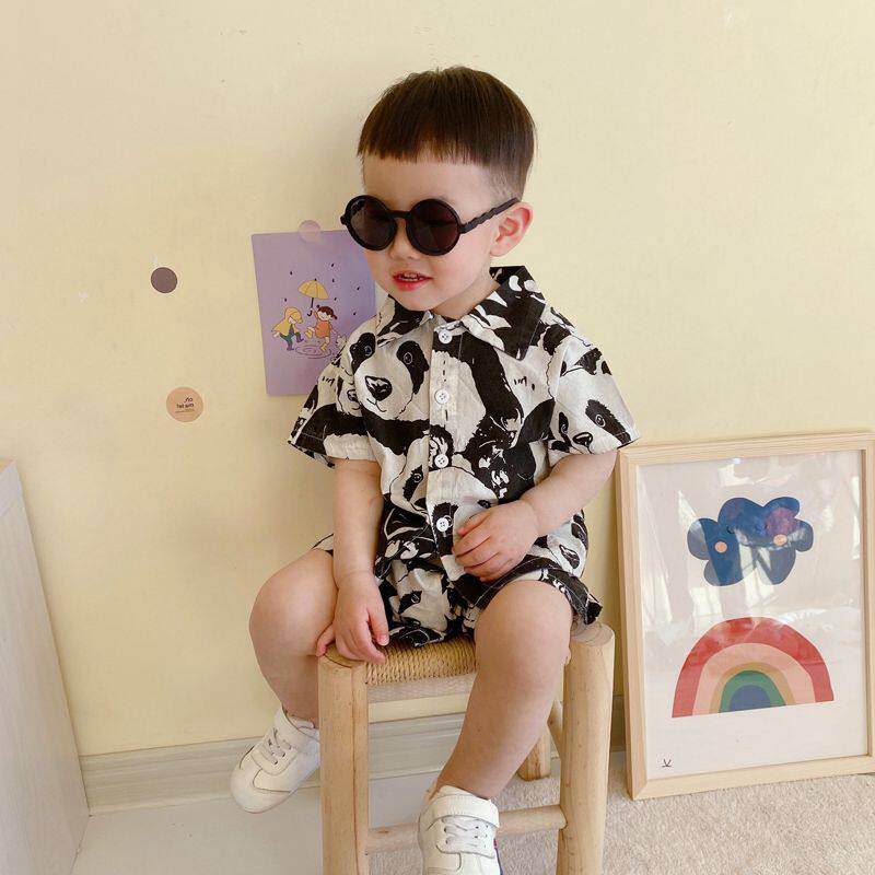jacadi child clothing 2022 Summer boy Korean version Black and white panda sports suit Two sets in the Boys' Ocean