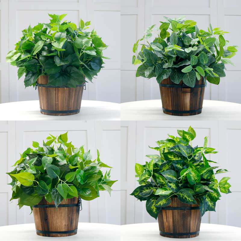 Simulation Gold Gross Fake Green Plant Living Room Interior Exterior Decoration Wood Barrel Small Potted Fields Garden Plastic Flowers And Grass Bonsai Pendulum