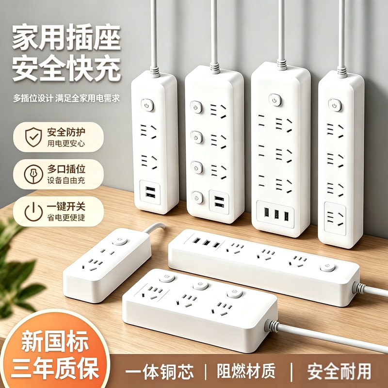 Mi Genuine Household Multi-Functional Power Strip with Cable, Multi-Hole Extension Cord, USB Pure Copper Core