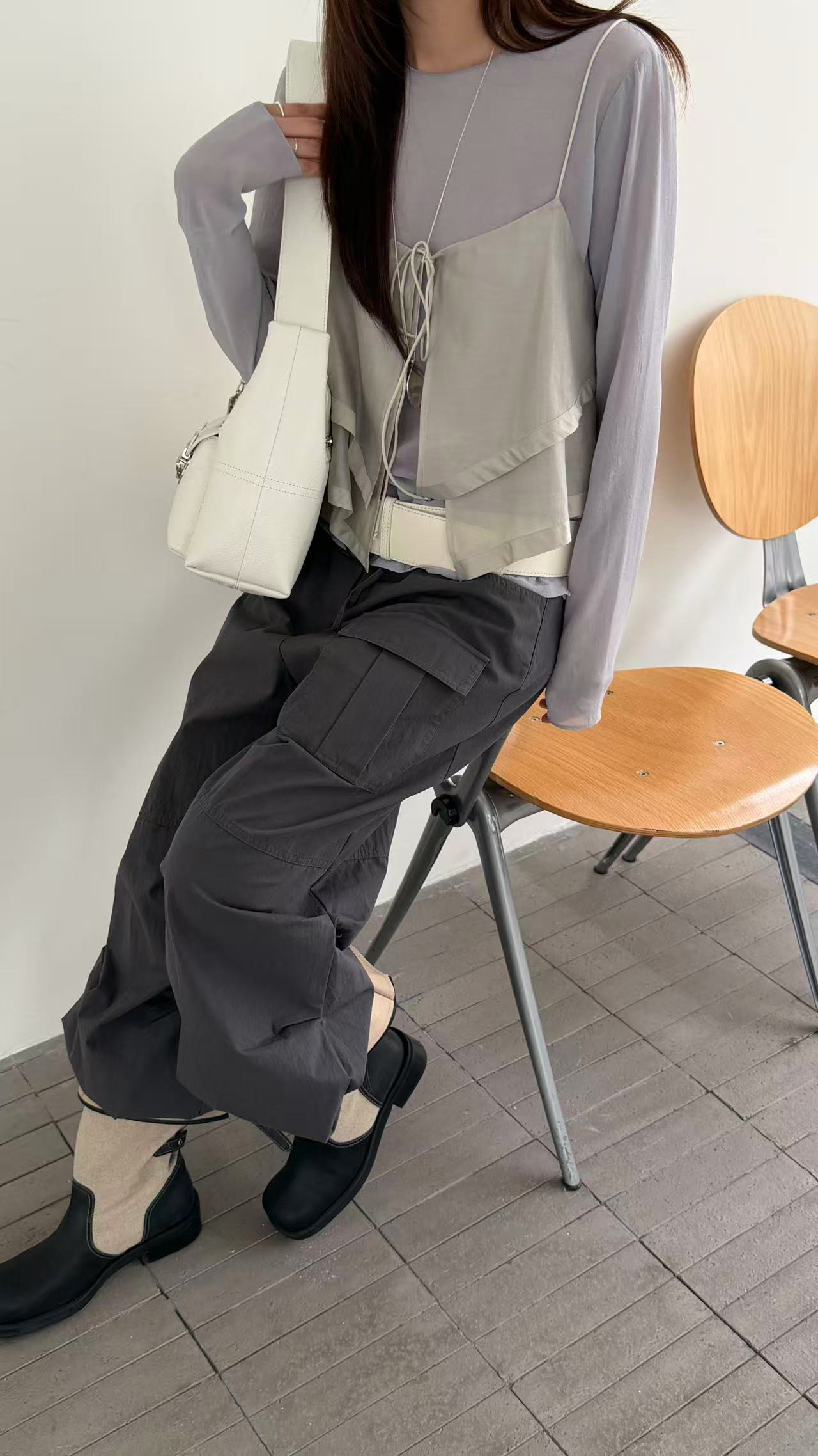 waitmore2026 весна-лето новая модель прозрачная блузка с длинными рукавами + двухслойный топ на бретелях комплект из двух предметов женский