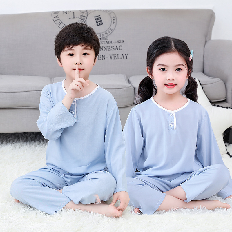 Spring and Summer New Children's Cotton Silk Pajamas for Boys and Girls, Long-Sleeved Baby Anti-Cold Air-Conditioned Home Clothes Set