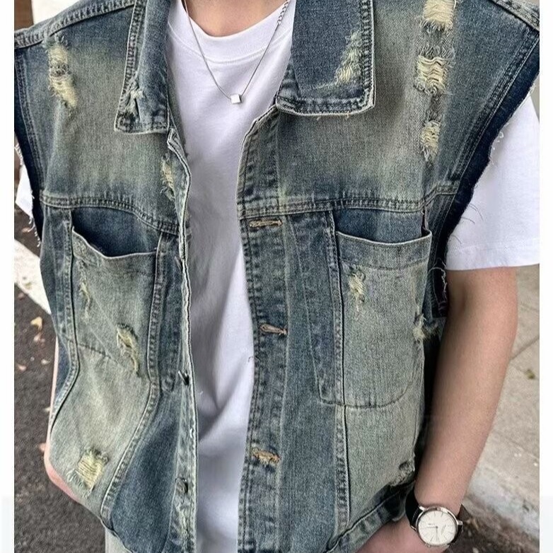 American Retro Frayed Short Denim Vest for Men, Trendy Brand Workwear, Washed and Distressed Sleeveless Vest Jacket
