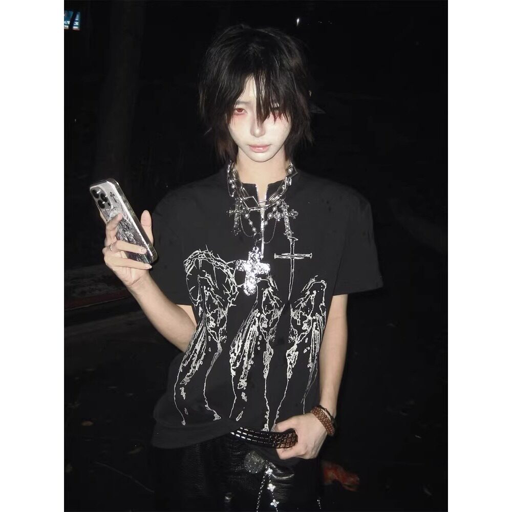Subculture Short-Sleeve T-Shirt with Straight Shoulders, New Summer Style, Zipper Punk Visual Style, Vintage Subculture Top