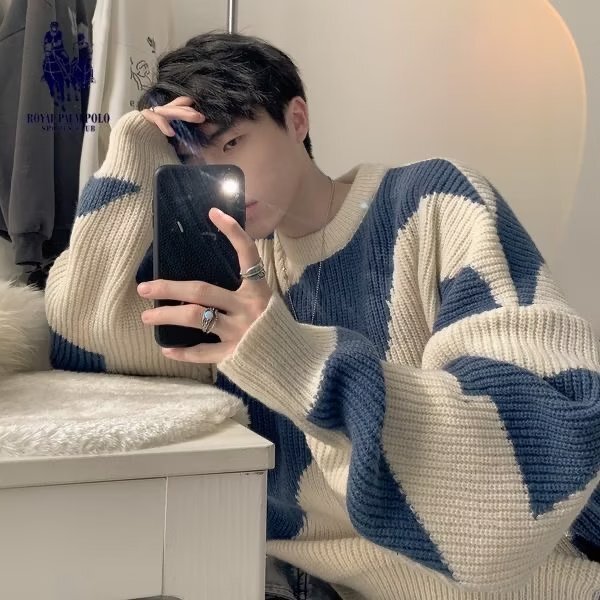 American High Street Striped Color-Block Sweater for Men, Winter Trendy Brand, Lazy Style, Loose Fit, High-End Feel, Cool and Stylish Knitwear