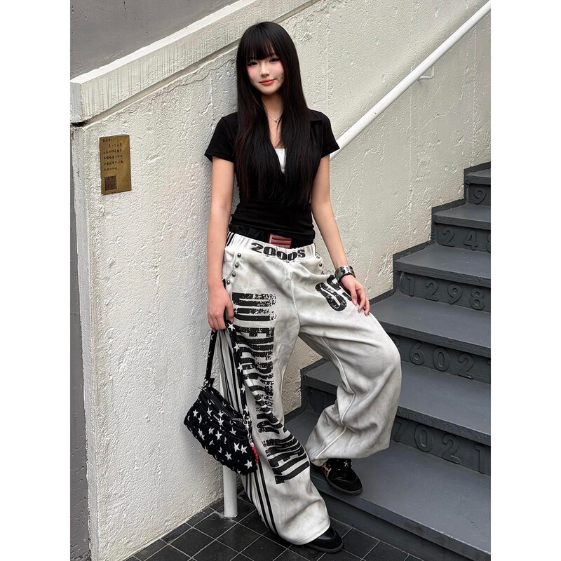 Subculture Visual Style Double-Waist Casual Pants for Men and Women, Spring and Summer Thin Vintage Distressed Straight-Leg Wide-Leg Sports Sweatpants