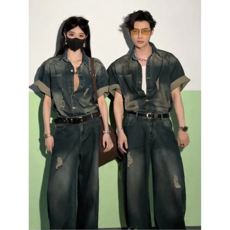 Men's High-End Fashion Outfit: American-Style Ripped Denim Short-Sleeve Shirt and Wide-Leg Pants, Old Money Style Two-Piece Set