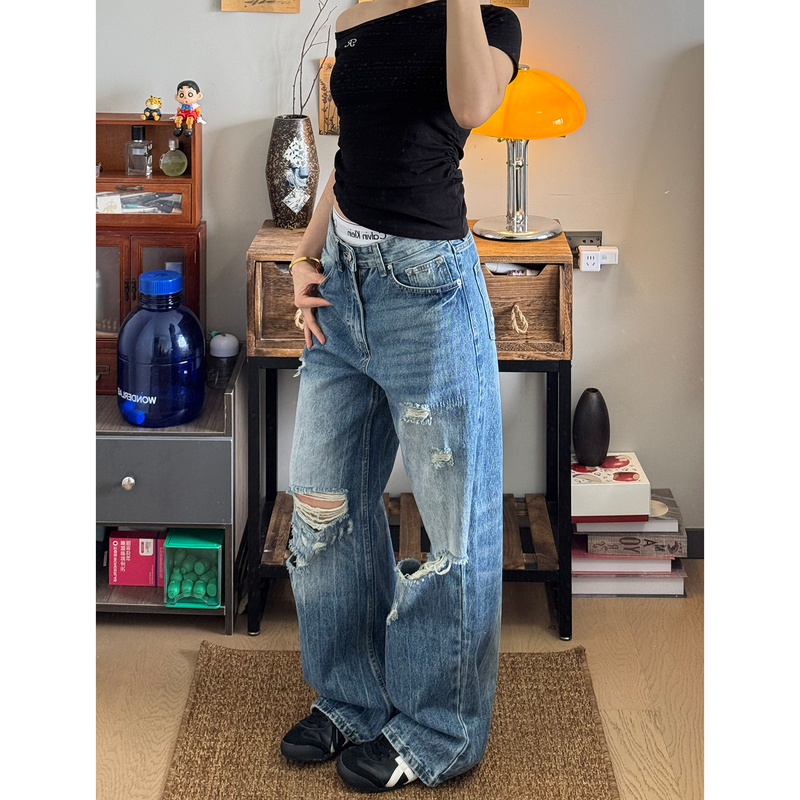 Mr Bense American-Style Ripped Jeans for Men and Women, Vintage Distressed Loose Washed Straight-Leg Wide-Leg Floor-Length Pants