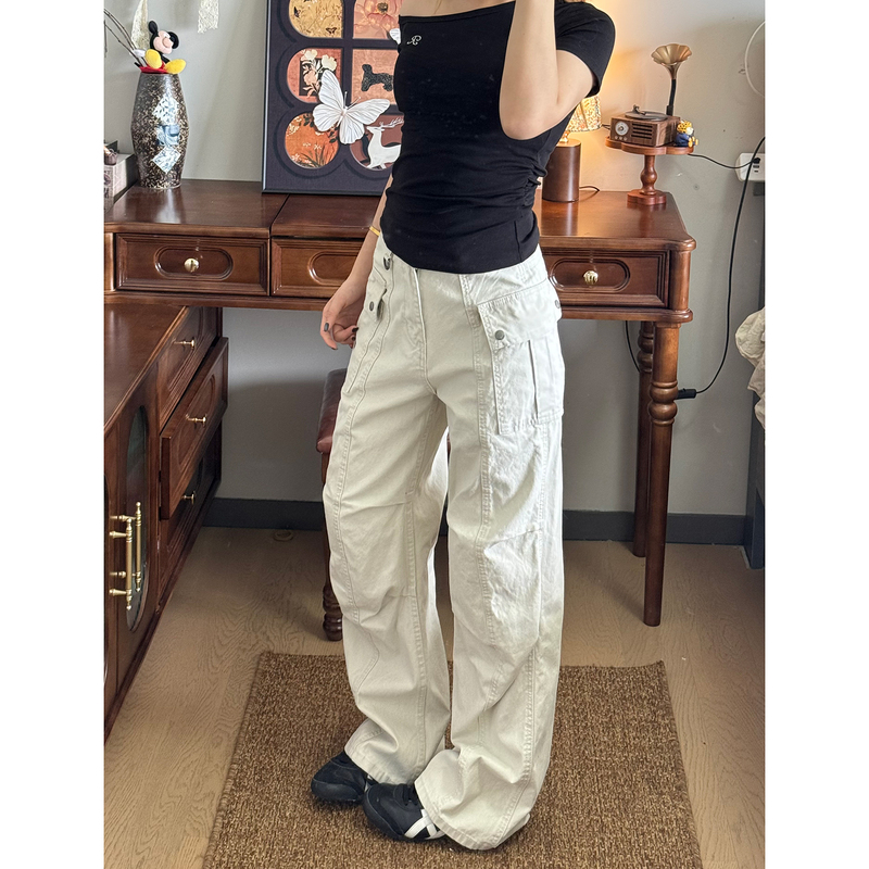 Mr. Bense American Retro Loose Straight-Leg Cargo Pants for Women, Washed and Distressed, Multi-Pocket Street Casual Long Pants, Trendy