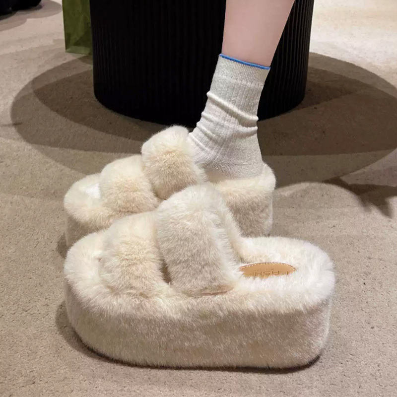 Furry Slippers for Women, Outdoor Wear, 2026 New Autumn and Winter Model, 9cm Thick-Soled Height-Increasing Warm Cotton Slippers for Petite Individuals, White Furry Slippers for Women, Outdoor Wear, 2026 New Autumn and Winter Model, 9cm Thick-Soled Height-Increasing Warm Cotton Slippers for Petite Individuals, White
