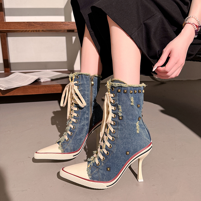Retro Style Rivet Denim High-Top Shoes for Women 2026 Autumn New Pointed Toe Stiletto Lace-Up Slimming Hot Girl Style Short Boots