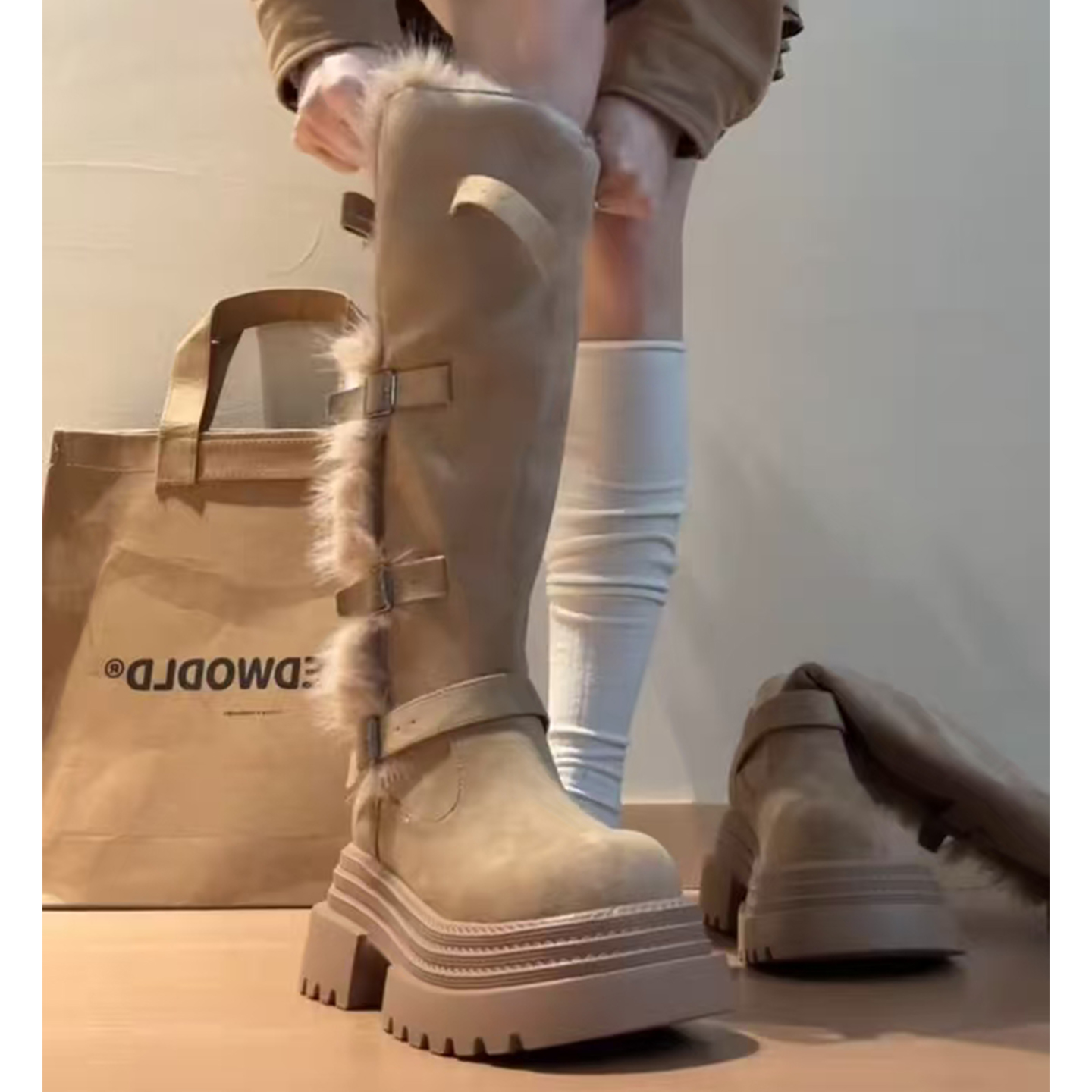 Женские ботинки из плотного бархата, состоящие из двух предметов; новинка зимы 2025 года; зимние ботинки Maillard с длинными рукавами и толстой подошвой; теплые хлопчатобумажные сапоги с высокими берцами.